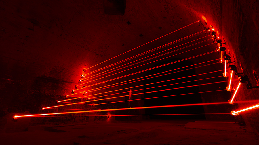 photo of a laser installation, exhibition Himmel unter Berlin, previous Bohemian brewery, Berlin-Friedrichshain (Germany)